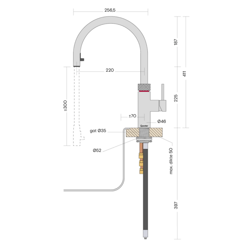 Technische tekening van de Custom Quooker Flex Round Kokend water/ keukenkraan met flexibele slang