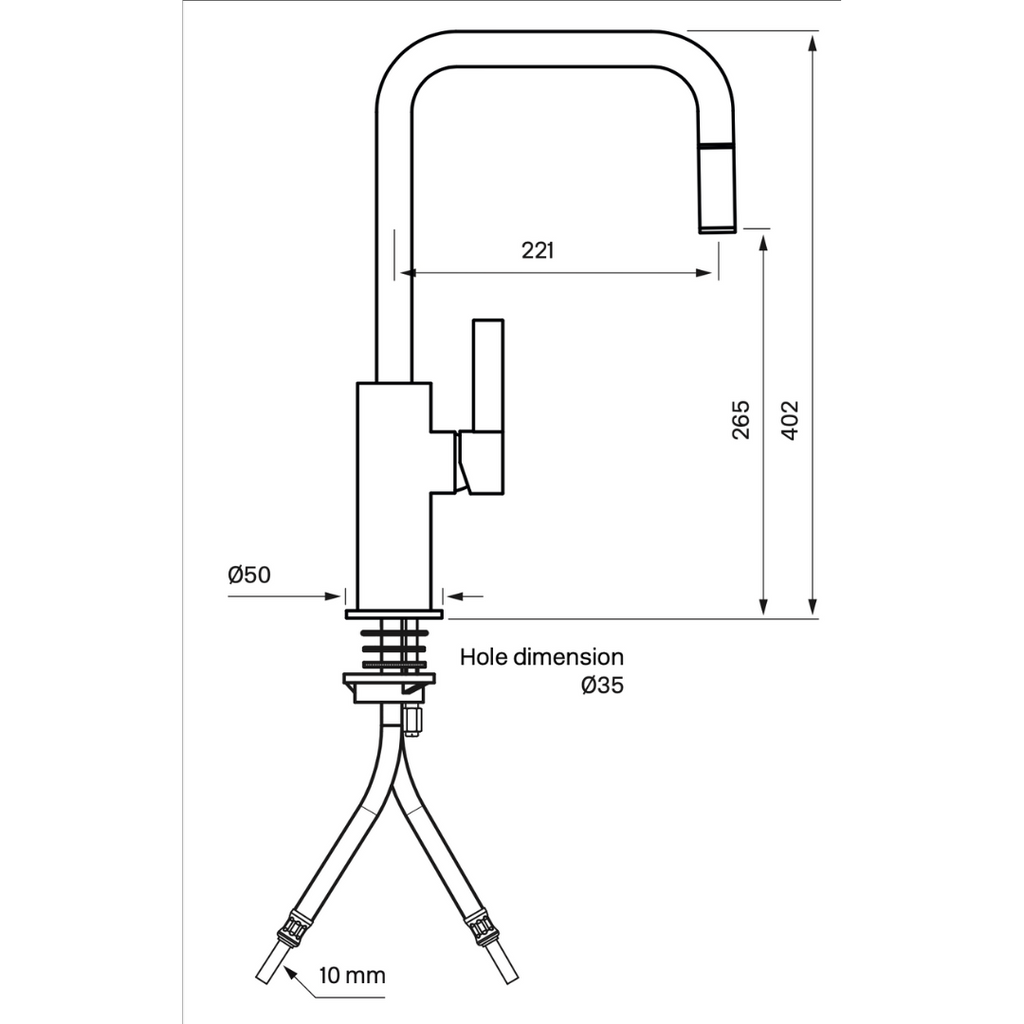 Technische tekening van de Tapwell ARM985 Keuken kraan met uittrekbare slang 