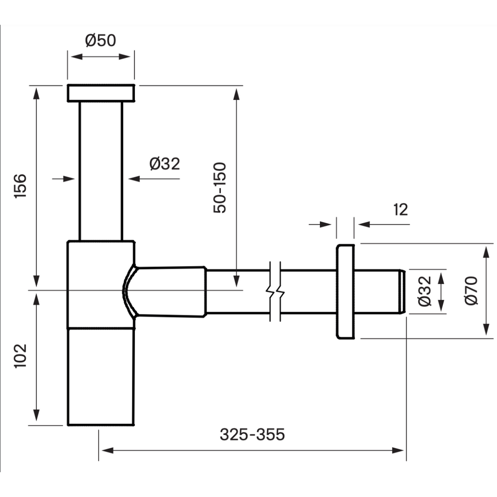 Technische tekening van de Tapwell XACC167 | Design sifon